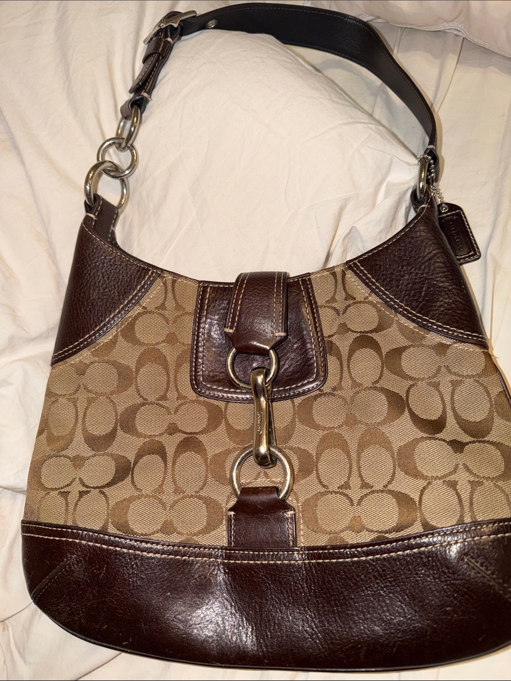 Coach Hampton  Tan Signature Canvas Hobo with Dark Brown Leather Trim